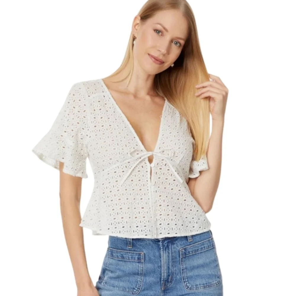 Madewell Lua Eyelet Lace White Cotton Blouse Wrap Top Size S NWT - Picture 5 of 12